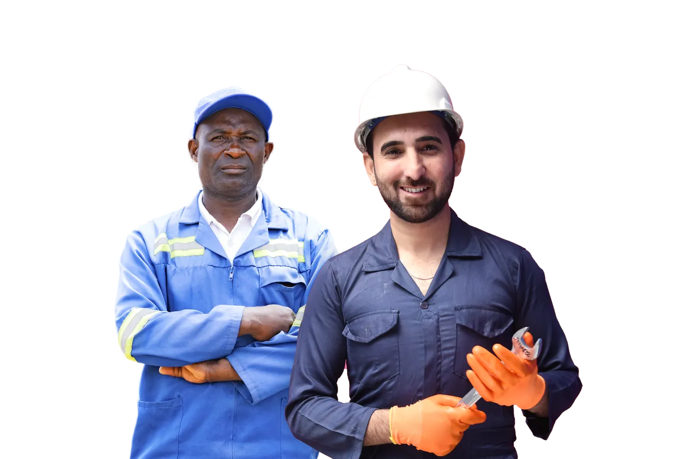Symbolbild: Handwerksmeister mit verschränkten Armen und lächelnder Geselle mit Schutzhelm und Schraubenschlüssel